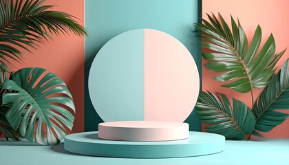 Circular Mockup with Tropical Leaves on Teal and Coral Background