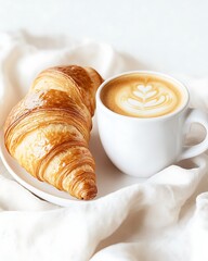 Croissant and Coffee on White Cozy Fabric Background