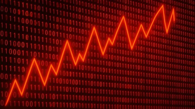 A vivid representation of growth in data visualization, featuring a red upward-trending graph overlaid on a binary code background, symbolizing advancements in technology and data 