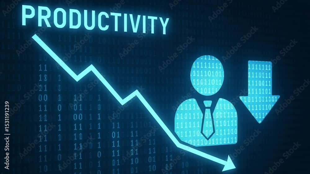 Poster a digital representation of declining productivity, featuring a graph with a downward trend. symboli
