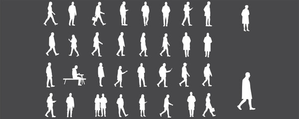 White silhouette people walking, standing, sitting, modern casual lifestyle, various human activities, grey background, vector illustration, isolated pose set for design elements
