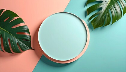Circular Mockup with Tropical Leaves on Teal and Coral Background