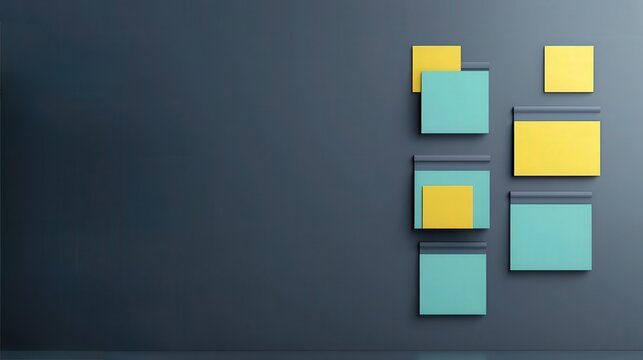 Productivity Tools focus apps concept. Abstract geometric design with colored squares on a dark background.