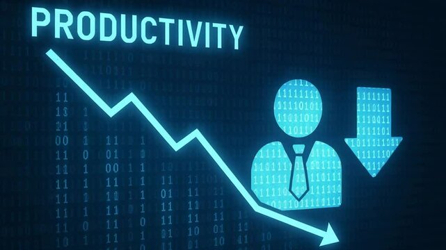 A digital representation of declining productivity, featuring a graph with a downward trend. Symbolizes challenges in the workplace and the impact on efficiency and growth.