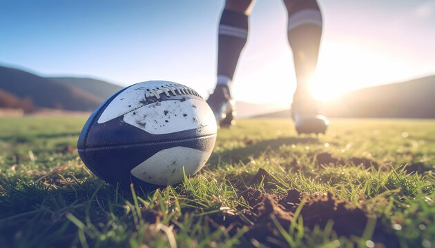 Muddy Rugby Ball on Grass Field at Sunset - Powered by Adobe