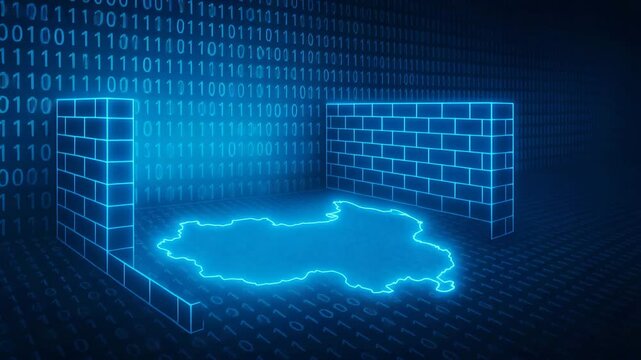 A futuristic digital representation showcasing a glowing outline of a country surrounded by pixelated brick walls, symbolizing cybersecurity and the protection of digital borders.