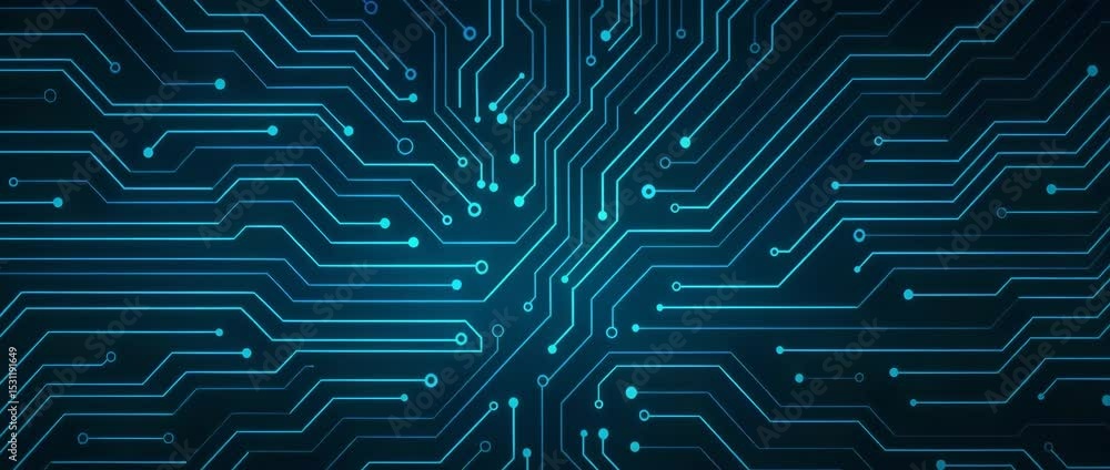 Poster a close-up view of an intricate circuit board design showcasing blue tones with glowing elements, sy
