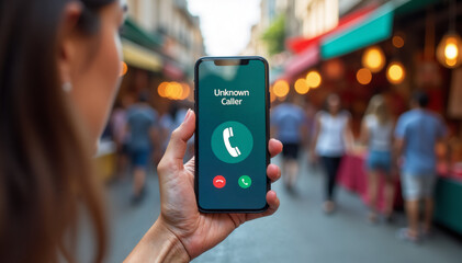 Smartphone screen displaying unknown caller ID, representing modern communication challenges and privacy concerns in a vibrant outdoor market setting.