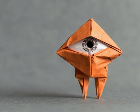 Origami cyclops with a single large folded eye, jagged edges, and a menacing stance