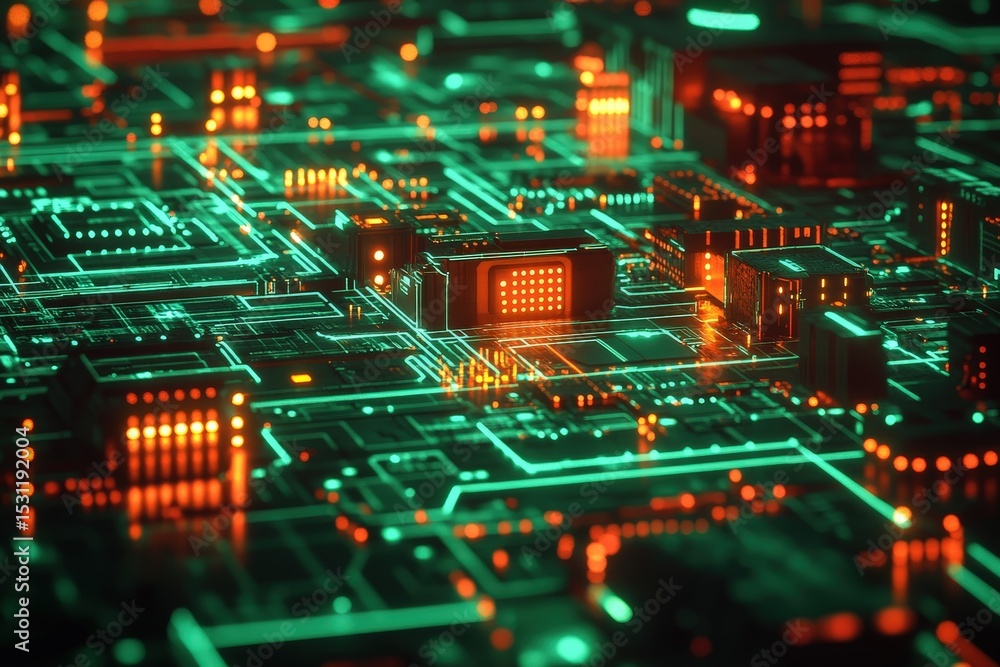 Poster intricate circuit board design with glowing lines.