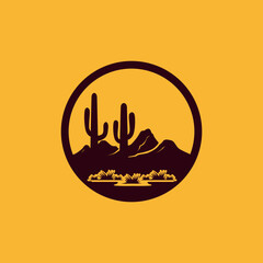 Vector illustration of a desert landscape in circle frame featuring iconic cactus trees, dry grass, and sandy terrain under a clear sky perfect for nature-themed designs, travel content, and education