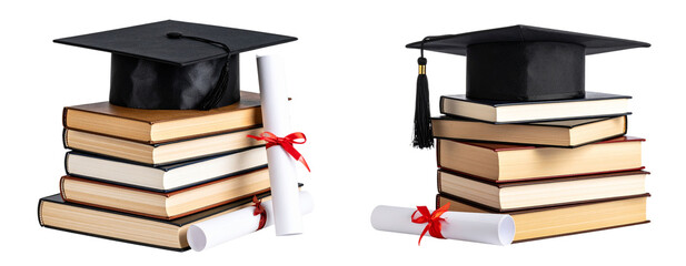 Symbolic Graduation Still Life with Cap on Books and Diploma at Side Transparent Background PNG