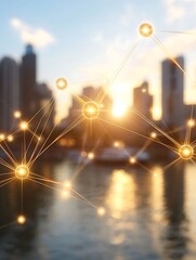 Modern Cityscape with Data Network Overlay at Sunset near the Water