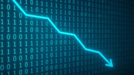 A digital graph showing a downward trend represented by blue neon lines against a background of binary code. Ideal for illustrating data decline in technology or finance. - Powered by Adobe