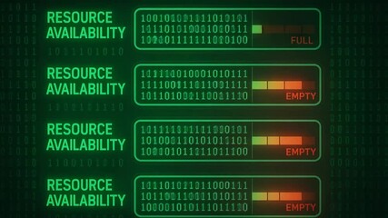 This image showcases a digital display indicating resource availability levels. The green background contrasts with binary codes and status bars labeled 'Full' and 'Empty'. - Powered by Adobe