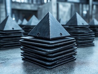 Monochrome pyramid and plates stacking geometric shapes organization