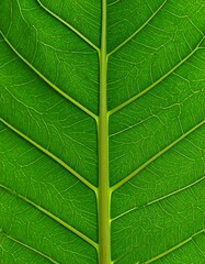 Obraz premium Vibrant green leaf macro with detailed veins and central stem structure