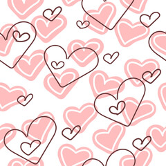 Hand drawn hearts seamless pattern. Continuous line drawing of a heart, black and white vector minimalist love concept illustration.