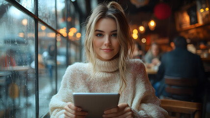Young woman in cozy sweater using tablet in cafe