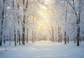 Fototapeta premium Snow covered trees in a winter forest with sunlight shining through the branches