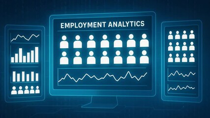 This image showcases employment analytics on a digital screen, featuring data visualization with graphs and figures representing workforce analysis and productivity metrics. - Powered by Adobe