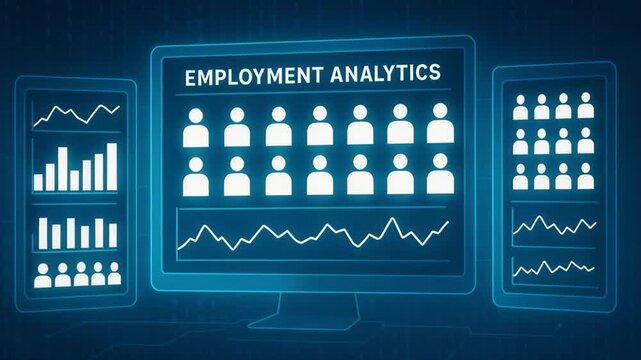 This image showcases employment analytics on a digital screen, featuring data visualization with graphs and figures representing workforce analysis and productivity metrics.