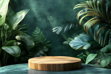 Wooden podium surrounded by lush greenery.