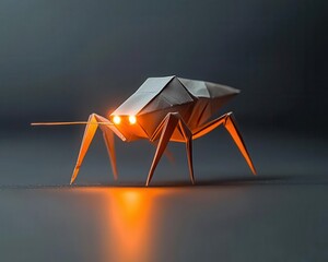Origami alien monster with elongated limbs, glowing geometric eyes, and intricate scifi folds
