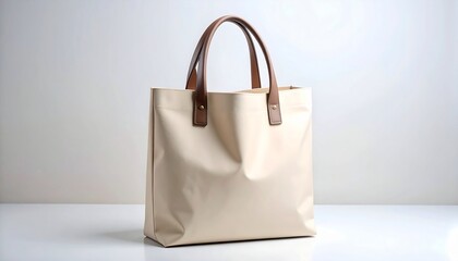 Beige Canvas Tote Bag with Leather Handles on Light Background