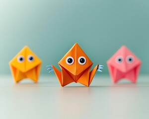 Cute origami gremlinlike monster with mischievous eyes and tiny clawed folded hands