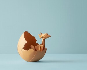 Adorable origami baby dragon monster hatching from a cracked folded egg, looking curious