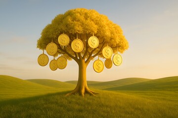 Golden Coin Tree Symbolizing Wealth and Prosperity in Nature