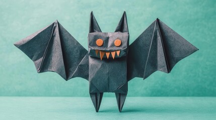 Origami vampire bat monster with wide folded wings, sharp paper fangs, and eerie glowing eyes