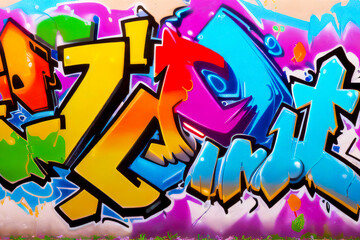 Fototapeta premium Colorful Urban Graffiti Art on Wall – Street Style Mural Illustration. Vibrant and dynamic graffiti artwork painted on a city wall, featuring bold lettering, vivid colors, and floral elements.
