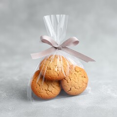 Gourmet Cookies in a Transparent Bag with a Bow on a Gray Background
