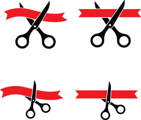 Ribbon Cutting Ceremony Icons – Grand Opening Scissors with Red Ribbon Vector Set