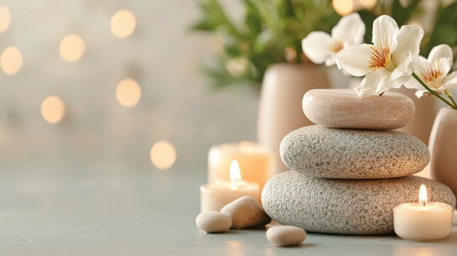 Serene Spa Stones  Candles  Flowers  Wellness