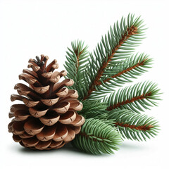 Brown pine cone with green pine needles isolated on white background. Natural evergreen plant elements.