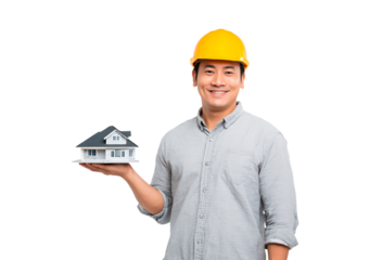 Asian male architect holding house model smiling confidently on transparent background, PNG
