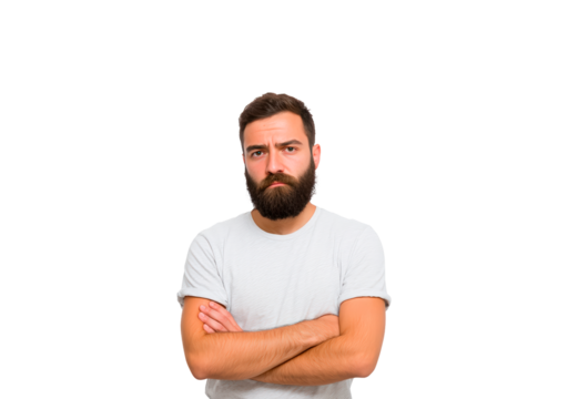 Young man with beard and crossed arms isolated on transparent background, PNG