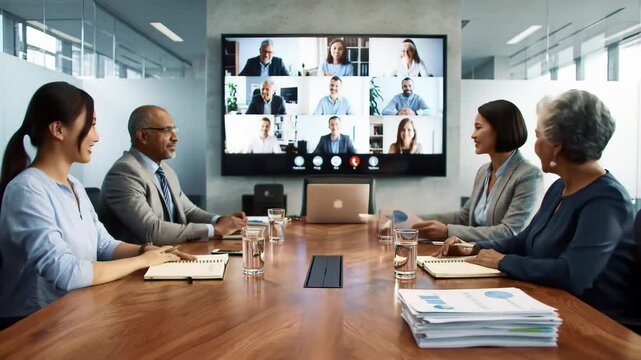 a diverse group professionals sitting around a large wooden conference table in a bright, office room. They are engaging in a video conference with  colleagues shown on a large wall-mounted screen