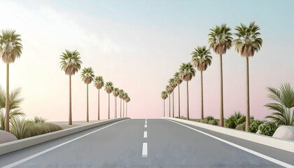 Fototapeta premium Open Road Through Palm Trees at Sunset