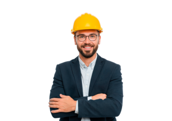 Confident construction engineer in safety gear for professional projects on transparent background, PNG