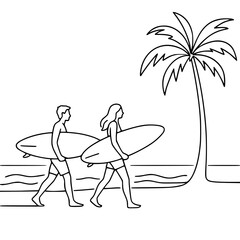 Minimalist continuous line vector: two surfers on a tropical beach with a palm tree. Serene B&W coastal art, ideal for summer, beach, surfing, and travel designs.