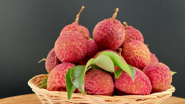 Lychee on a black wooden background