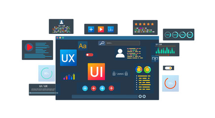 Holographic UI-UX, display icons of UX-UI , creative planning, data visualization. Web design, application design,coding develop.UX-UI design web png transparent.

