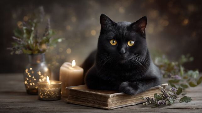 Black cat looks at camera while resting on old book. Soft candlelight and greenery create warm, inviting ambiance. Concept for home decor, pet care, creative arts