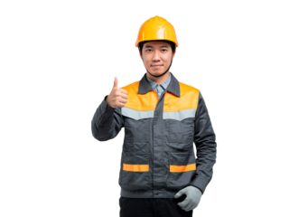Confident engineer giving thumbs up gesture in safety gear on transparent background, PNG