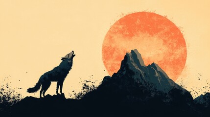 Silhouette of a wolf howling at a large, orange moon behind a mountain peak.