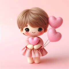 A cute cartoon character with short brown hair, wearing a pink dress, holding a pink heart and three pink heart-shaped balloons against a pink background.